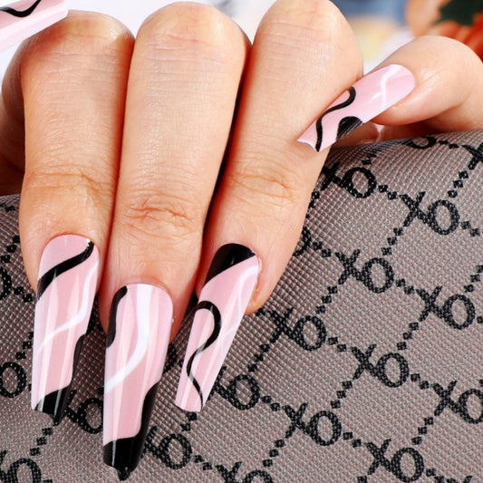 Chic Abstract Design Long Coffin Pink and Black Press On Nail Set with Glossy Finish