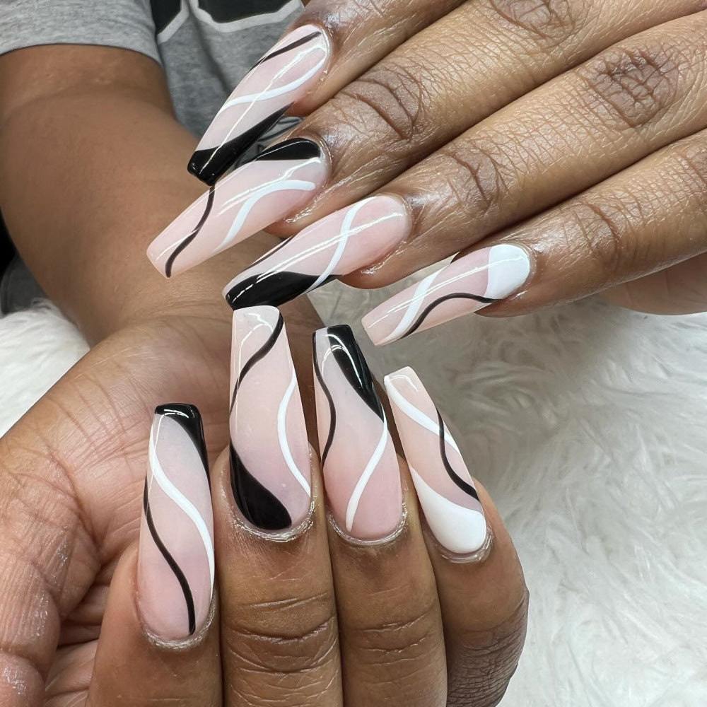 Chic Artistic Long Coffin Press On Nail Set in Pink Black and White with Wavy Design