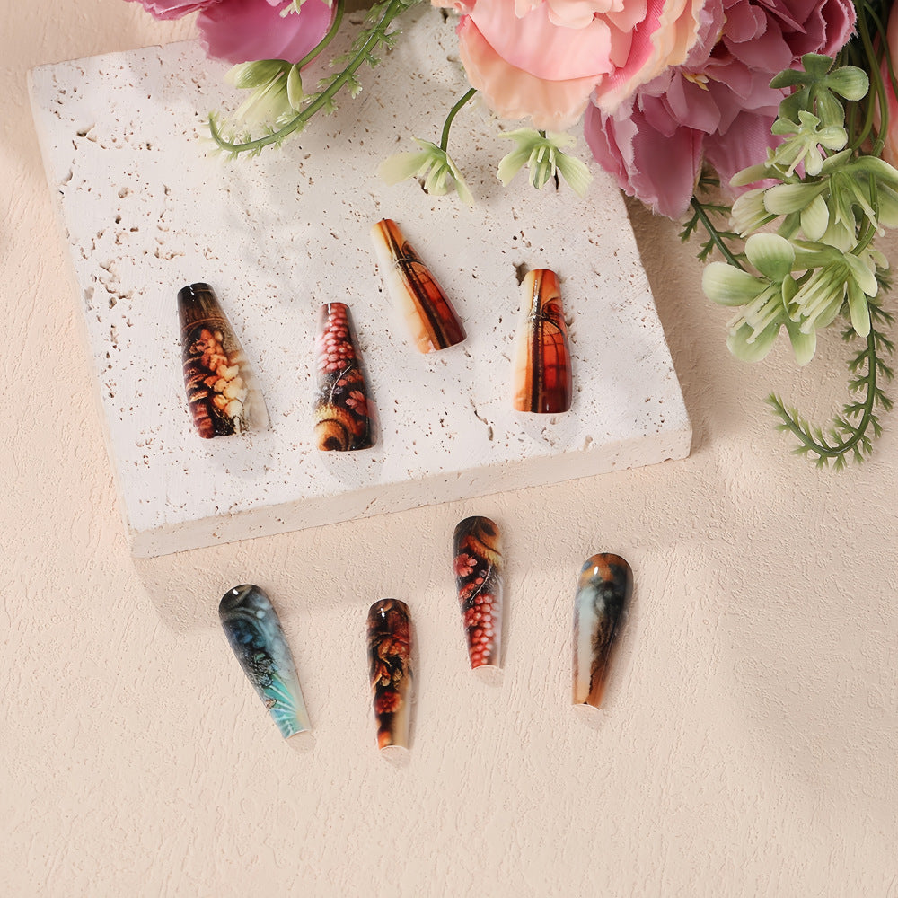 Ocean Dream Extra Long Coffin Press On Nail Set Black and Brown Ombre with Floral Design