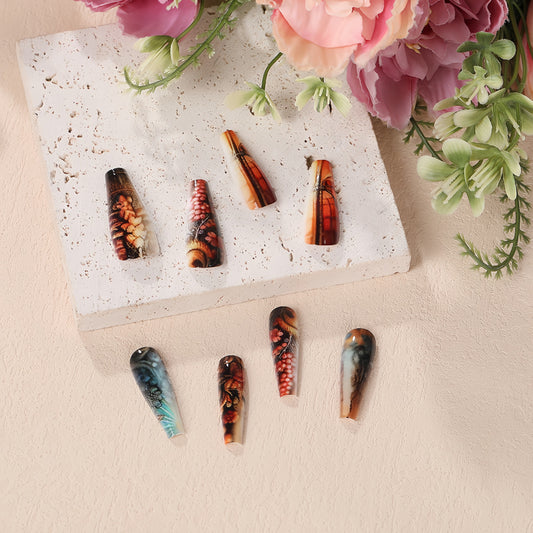 Ocean Dream Extra Long Coffin Press On Nail Set Black and Brown Ombre with Floral Design