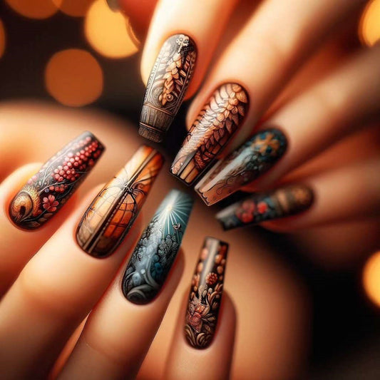 Artistic Wonderland Long Coffin Press On Nail Set in Black and Gold with Intricate Floral Patterns and Geometric Designs