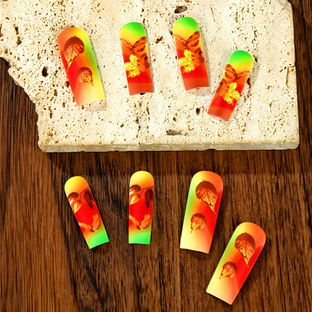 Autumn Bliss Long Square Gradient Orange and Green Press-On Nail Set with Leaf Designs