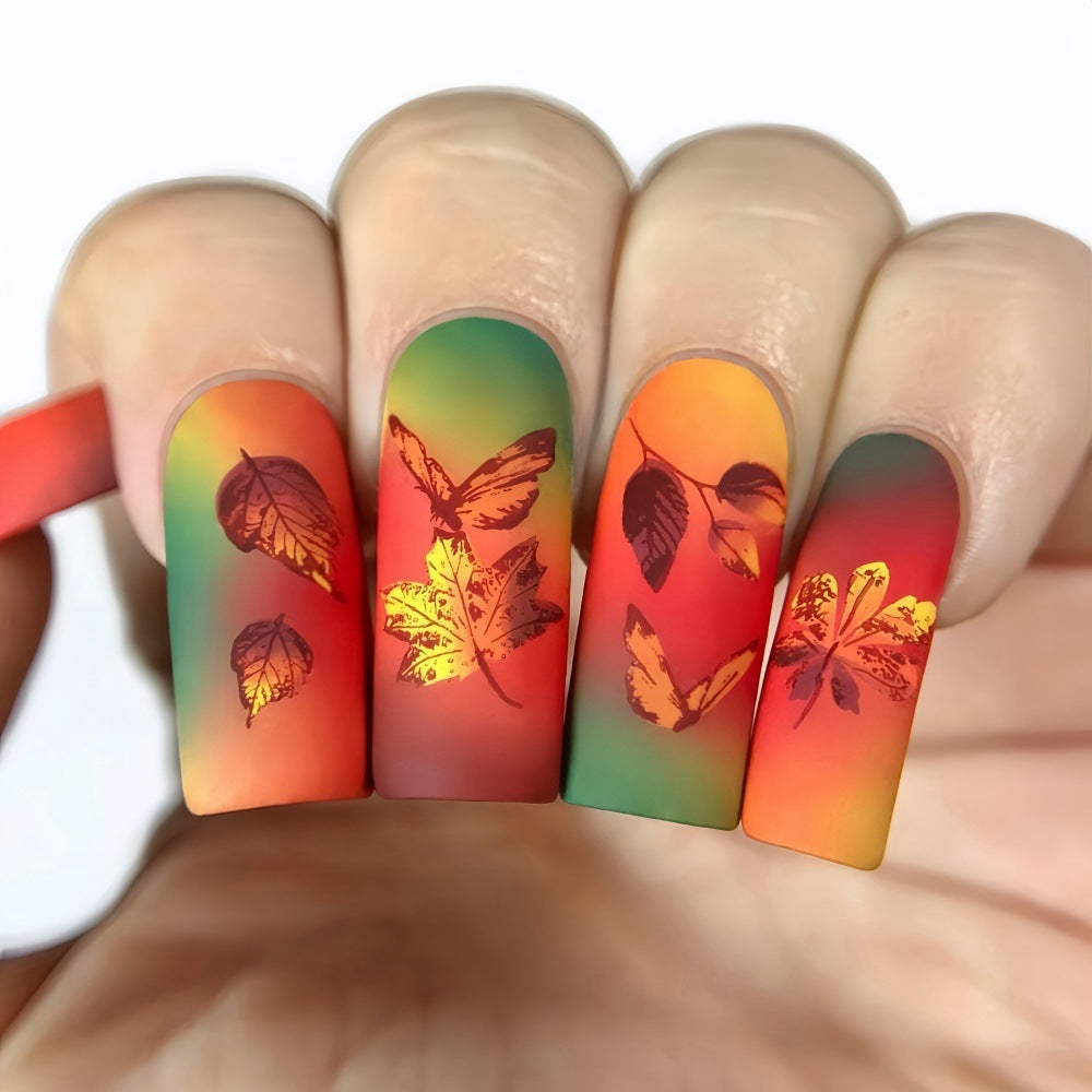 Autumn Fantasy Long Square Press On Nails in Gradient Red Green with Leaf and Butterfly Design