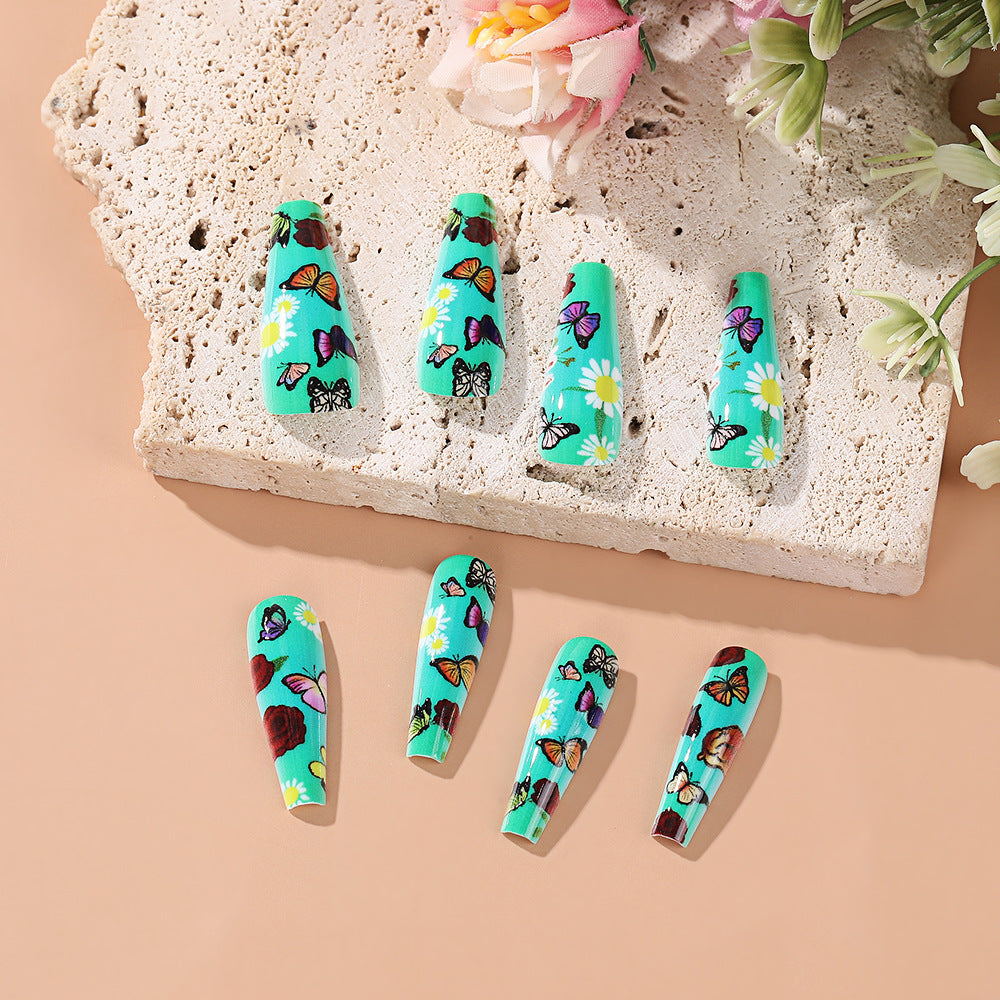 Butterfly Garden Long Coffin Press On Nail Set Turquoise with Floral and Butterfly Designs