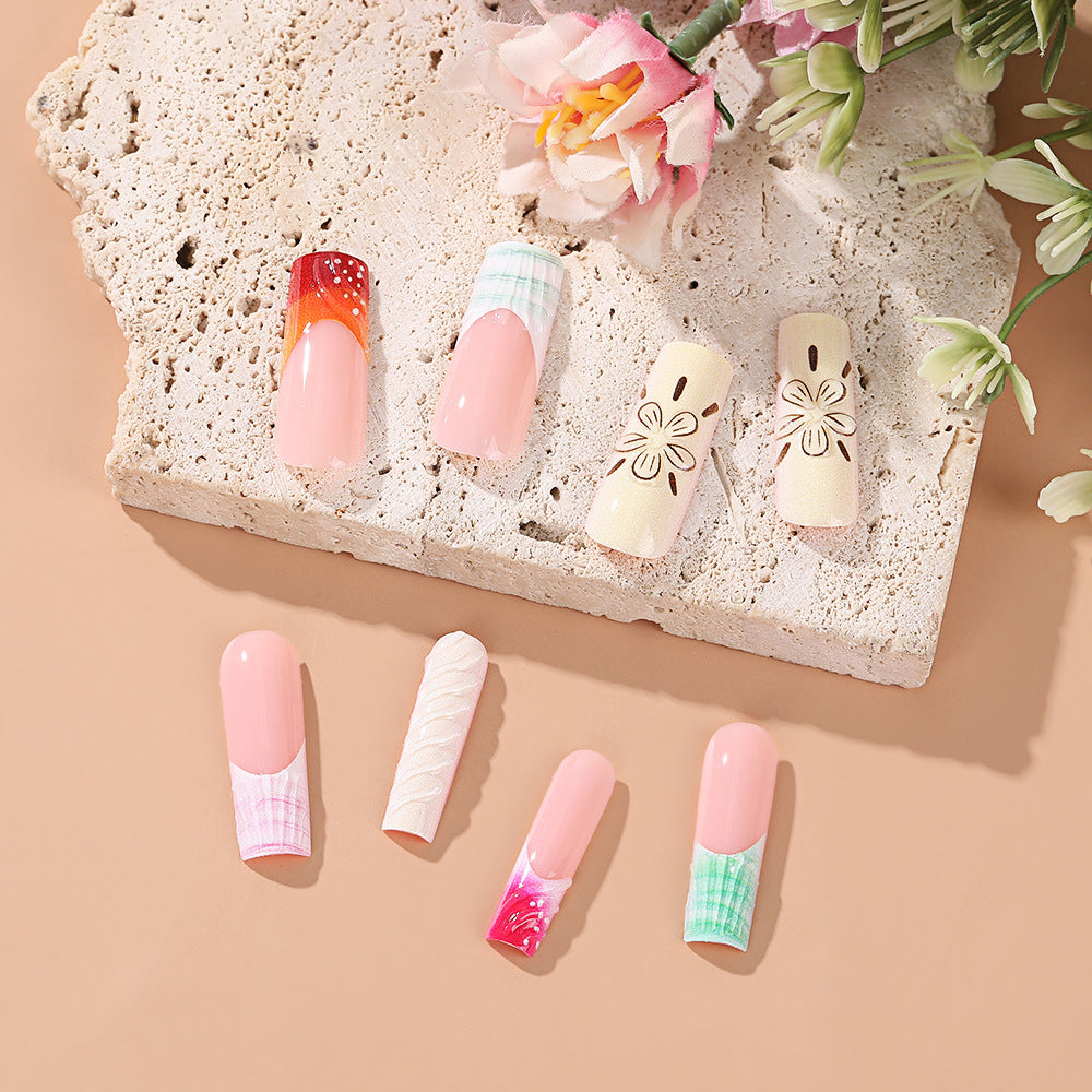 Tropical Paradise Long Square Pink Press On Nail Set with Unique Floral and Geometric Designs