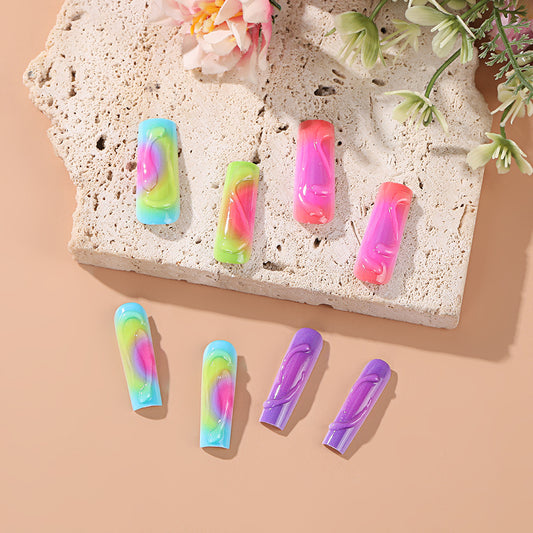 Tropical Paradise Long Square Press On Nail Set with Multi-Color Swirls and Glossy Finish