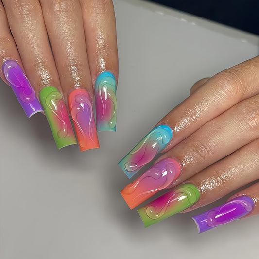 Rainbow Swirl Long Square Press On Nail Set Multicolor with Unique Drip Design