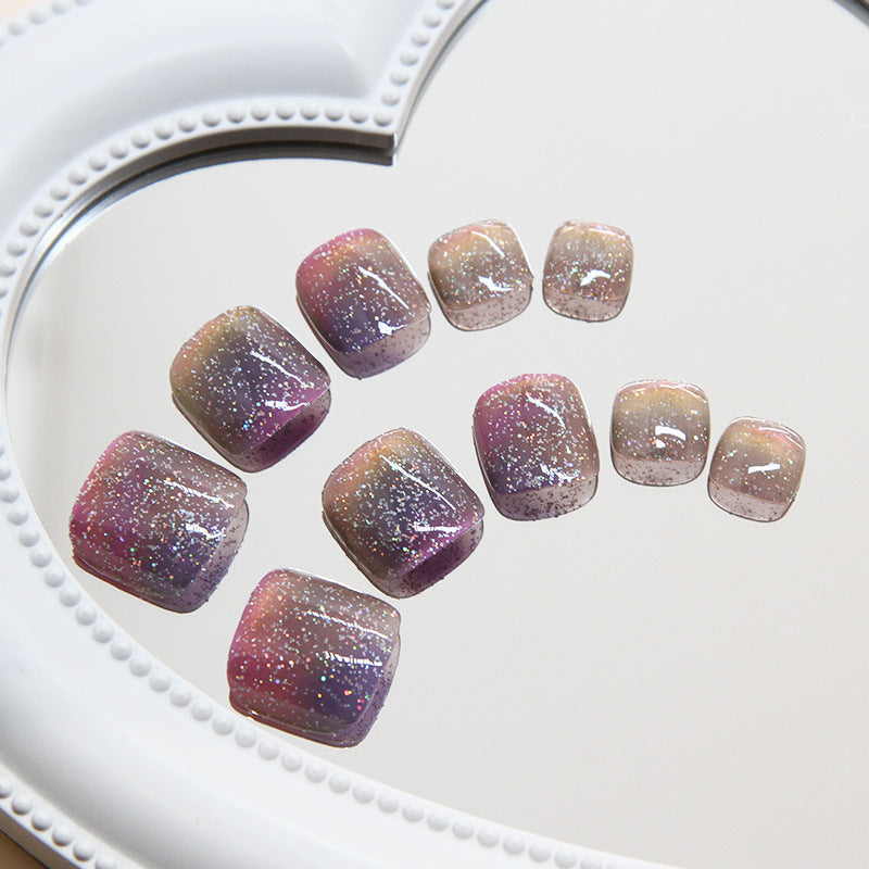 Galactic Glamour Short Square Gradient Purple Press On Toenails Set with Shimmering Glitter Accents