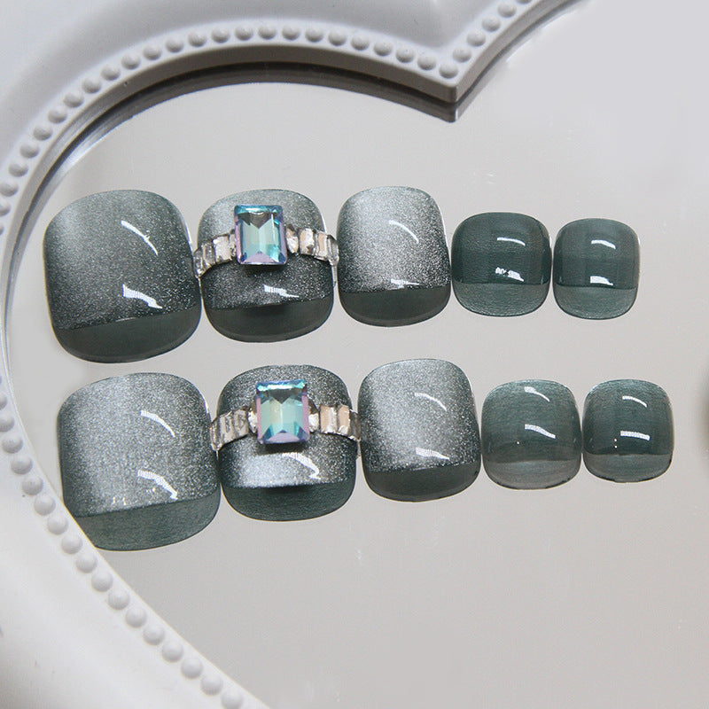 Mystical Aura Square Shape Short Teal Press On Nail Set with Elegant Gemstone Accent