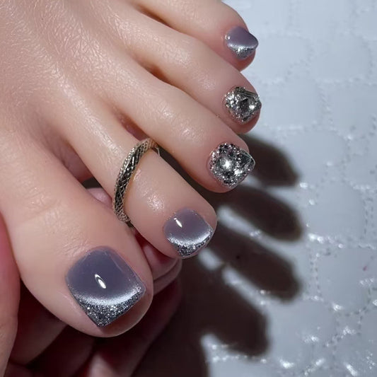 Glamorous Twilight Sparkle Square Press On Short Nail Set in 24mm Gray with Glitter Accents and Unique Metallic Finish