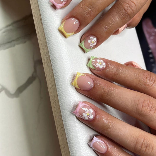 Spring Blossom Medium Square Pink Press On Nail Set with Hand-Painted Floral Accents