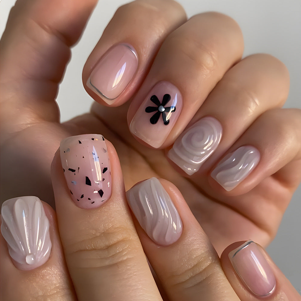 Floral Dreamland Medium Square Pink Press On Nail Set with Unique Textured Designs