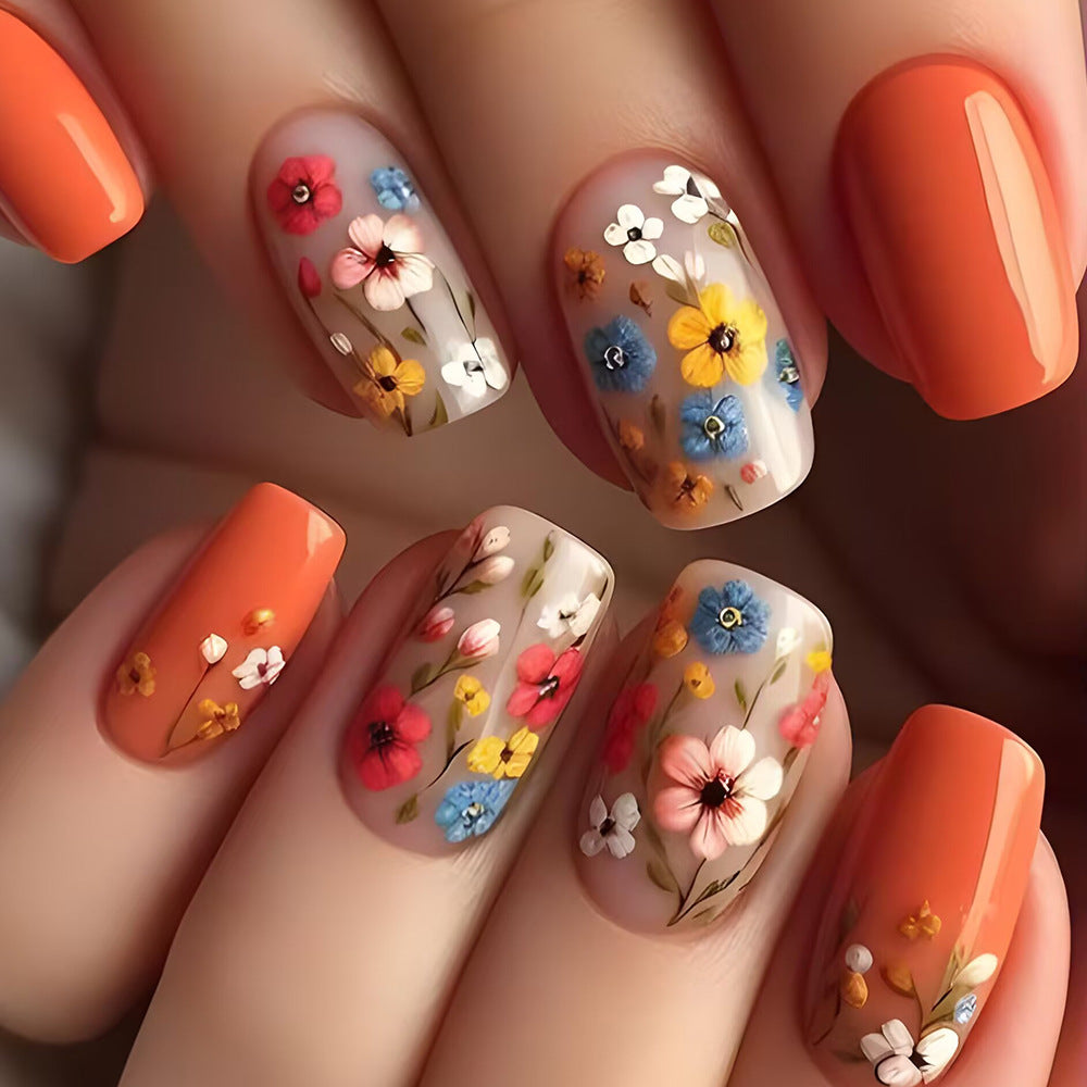 Floral Delight Medium Square Orange and Multicolor Flower Press On Nail Set