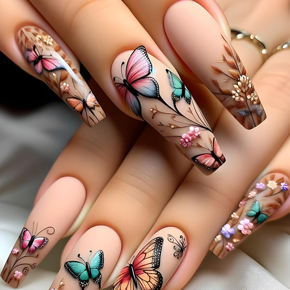 Garden Enchantment Long Coffin Shaped Soft Beige with Delicate Butterfly and Floral Design Press-On Nail Set