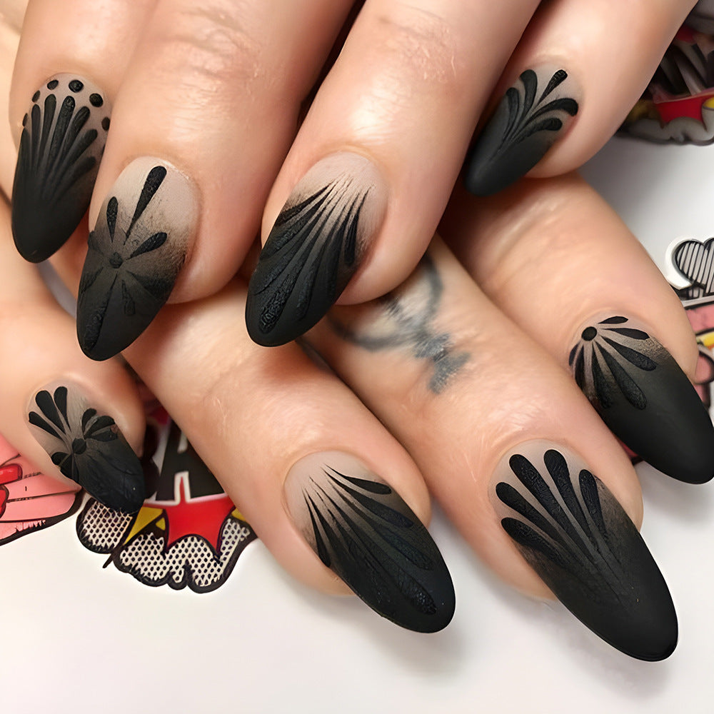 Mystical Elegance Medium Almond Black Matte Press-On Nail Set with Intricate Floral Designs