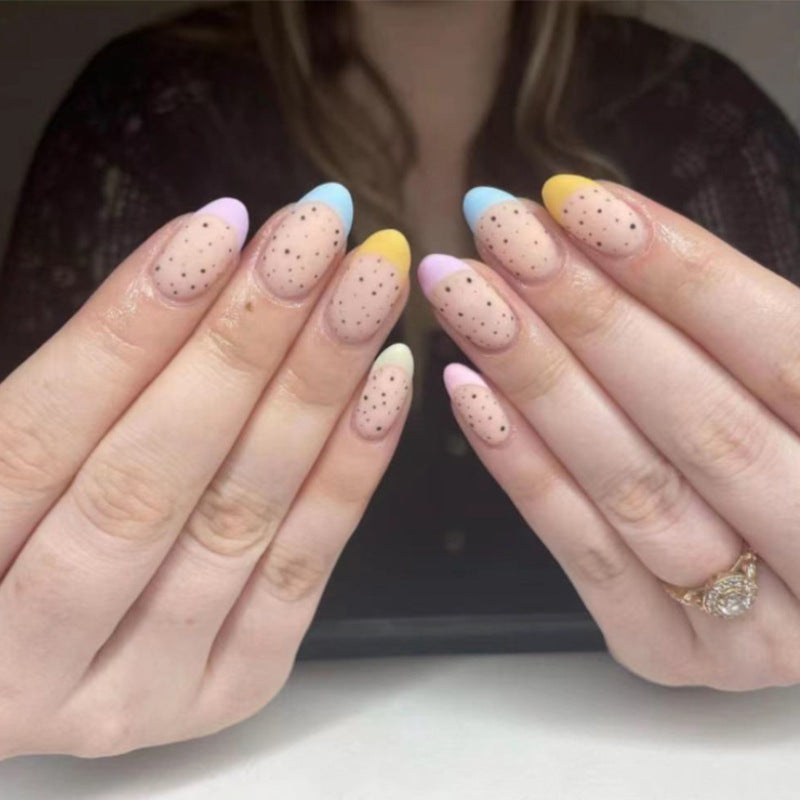 Spring Pastel Parade Long Almond Multi-Color Ombre Press-On Nail Set with Polka Dot Accents