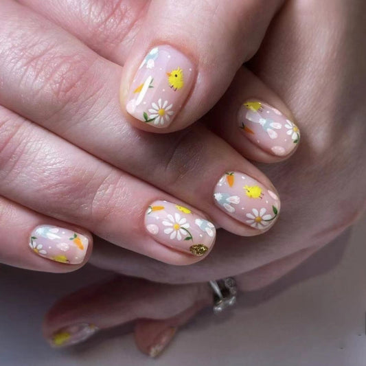 Spring Blossom Short Length Oval Pink Floral Press On Nail Set with Gold Glitter Accents