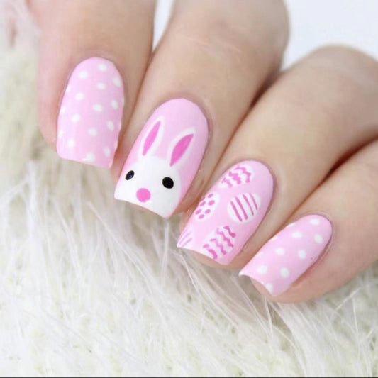 Springtime Celebration Long-Length Square Pink Press On Nails with Adorable Bunny and Polka Dot Design