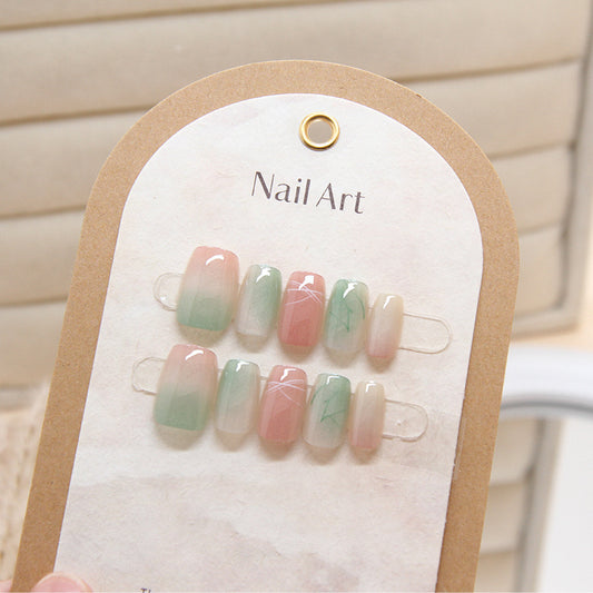 Enchanting Blossom Gradient Medium Square Pastel Green and Pink Press On Nail Set with Delicate Floral Design