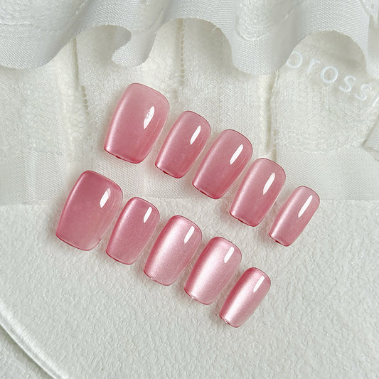 Blush Blossom Elegant Square Press On Nail Set of Long Pink Glossy Nails with Iridescent Shine