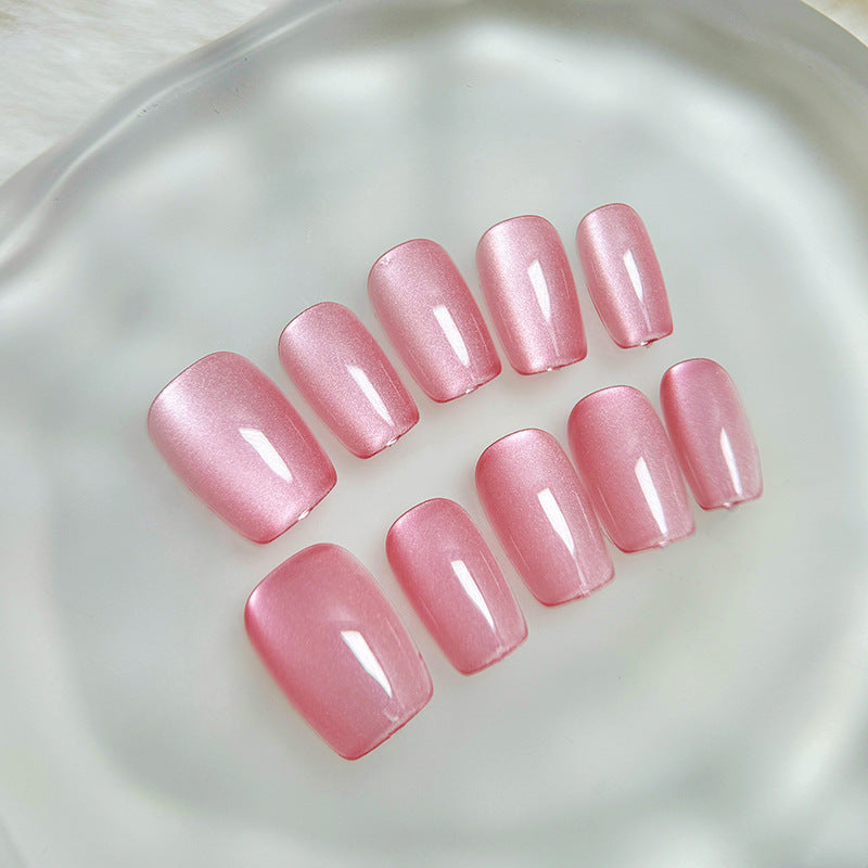 Glamorous Romance Long Square Shimmer Pink Press On Nail Set with Iridescent Finish