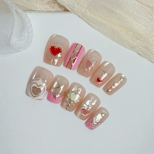 Love in Bloom Extra Long Square Press On Nail Set Blush Pink with Heart and Gold Foil Accents