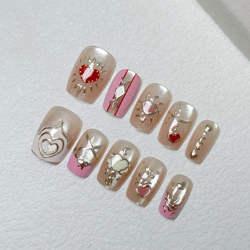 Romantic Blush Press On Nail Set Long Square Pink Heart Design Shimmering Gold Accents