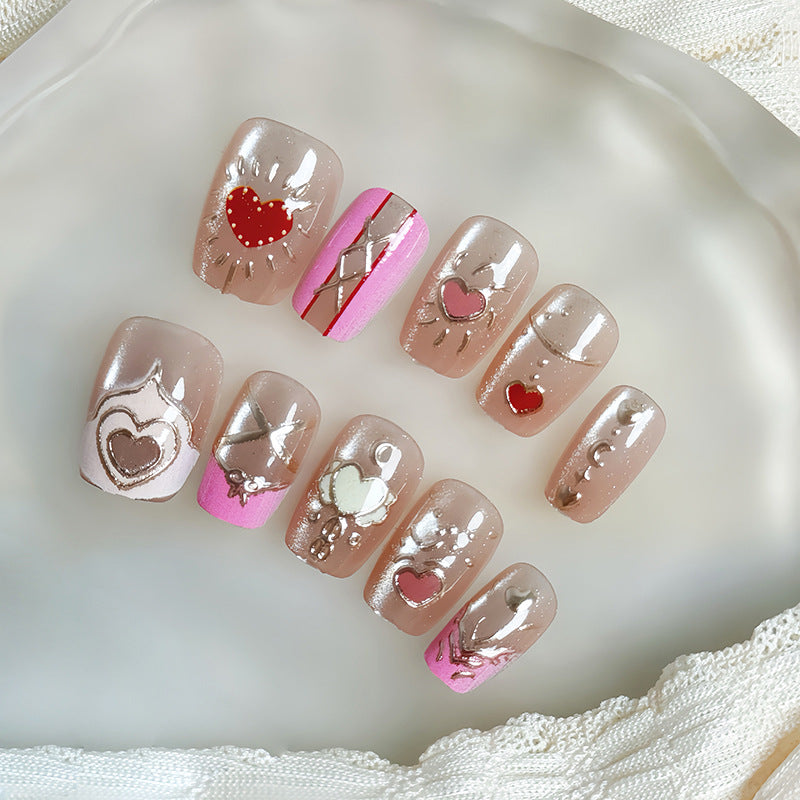 Romantic Heart Theme Long Square Press On Nail Set in Beige Pink with Glittering Heart Designs