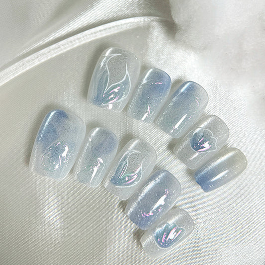 Dreamy Winter Wonderland Long Square Press On Nail Set Icy Blue Iridescent with Floral Design