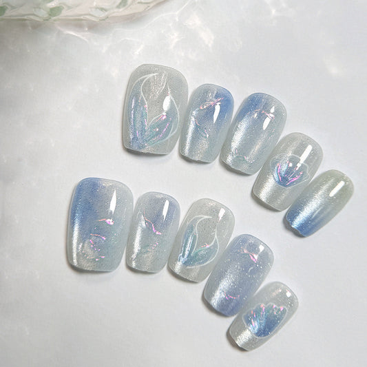 Dreamy Ocean Bliss Long Square Press On Nail Set with Iridescent Floral Design in Blue and Clear Shimmer