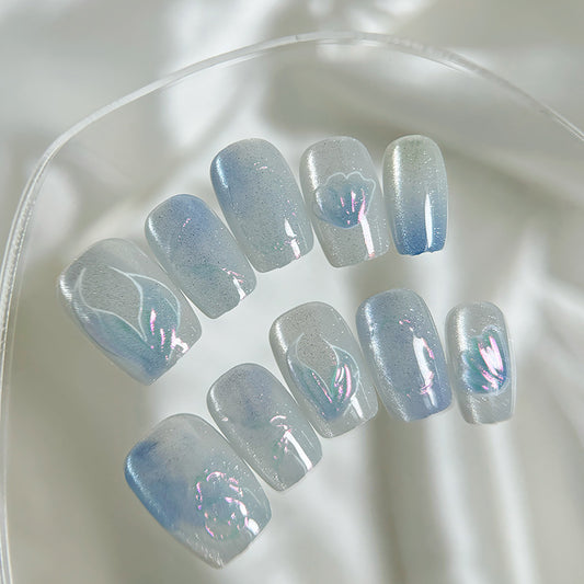 Dreamy Ocean Blooms Long Square Glossy Light Blue Press On Nail Set with Iridescent Floral Accents