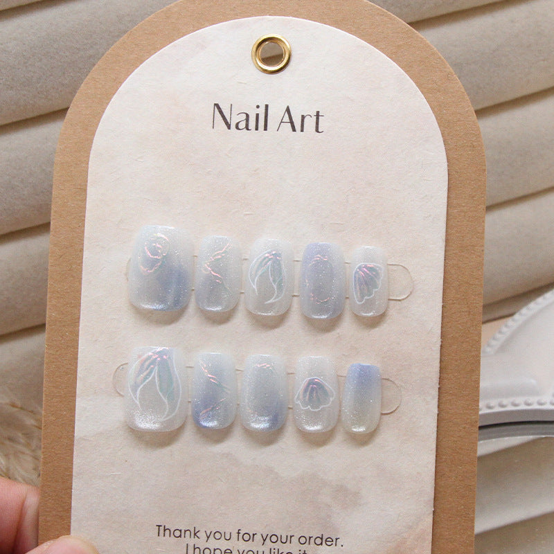 Dreamy Floral Elegance Medium Square Clear Press On Nail Set with Iridescent Holographic Accents