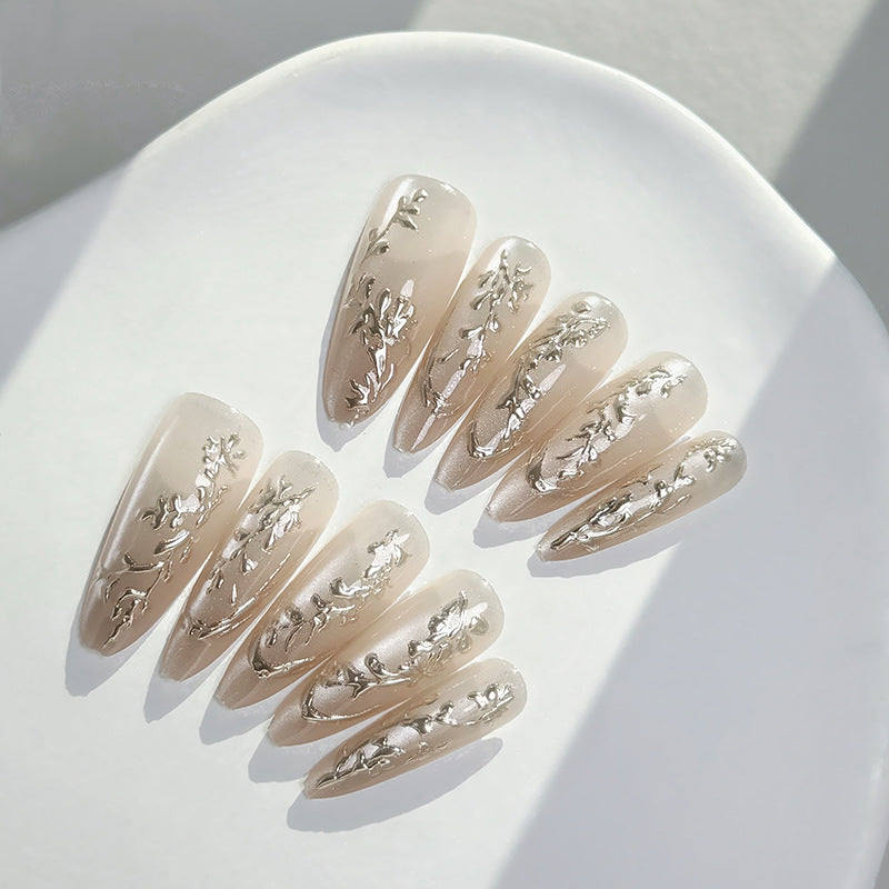 Blooming Elegance Long Almond Beige Press On Nail Set with Floral Metallic Design