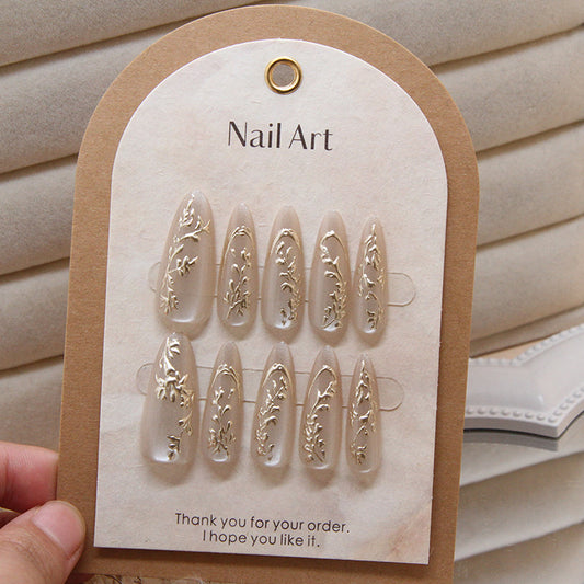 Elegant Botanical Bliss Long Almond Beige Press On Nail Set with Gold Leaf Design