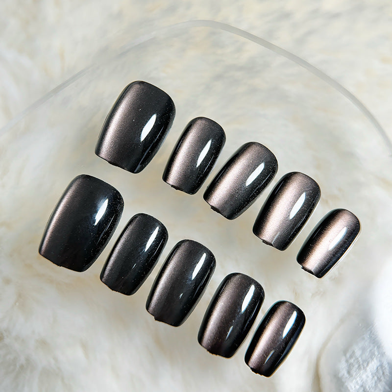 Glamorous Midnight Elegance Long Square Black Press On Nail Set with Metallic Shine