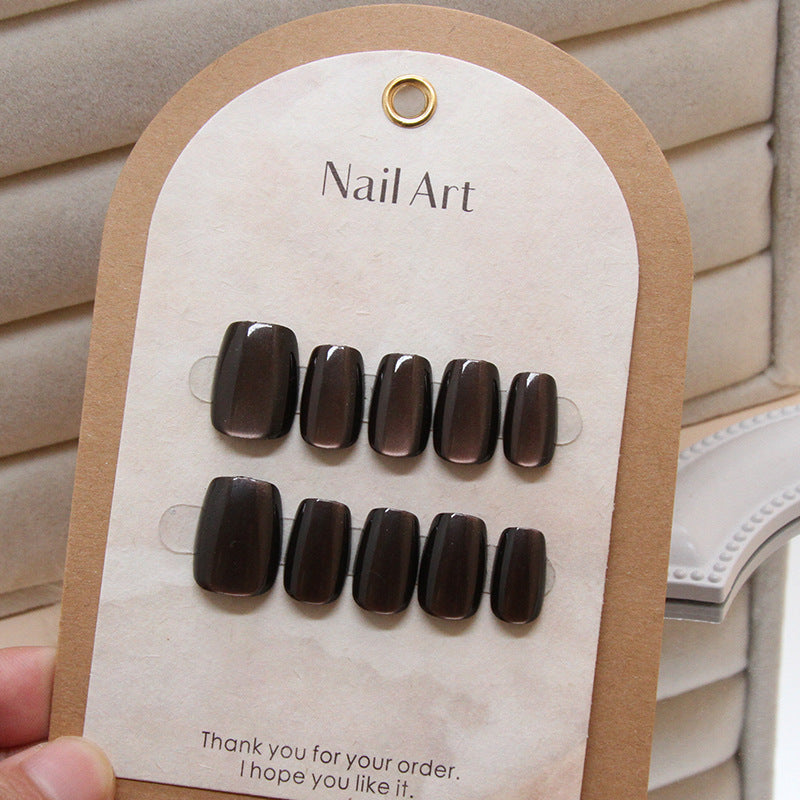 Chic Autumn Glam Press On Nail Set Medium Square Dark Brown Glossy Finish with Elegant Shine Effect