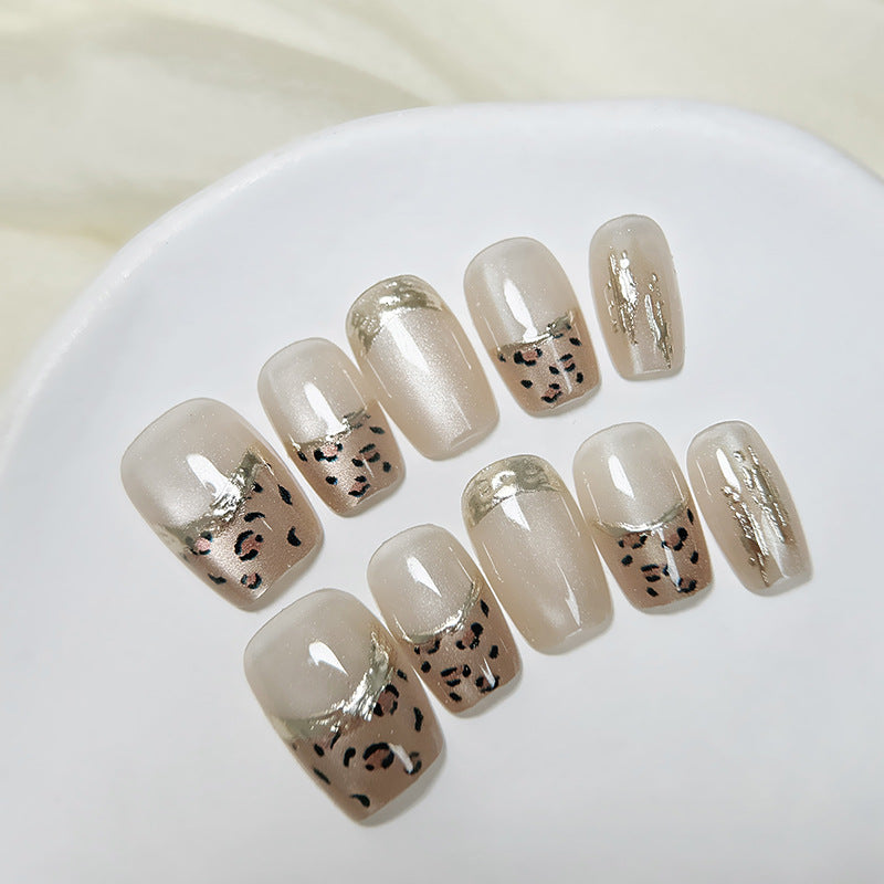 Glamorous Safari Chic Long Square Beige Press On Nail Set with Leopard Print and Gold Accents