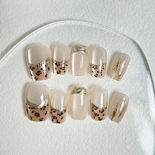 Savannah Safari Square Press On Long Nail Set in Beige with Leopard Print and Gold Accent Trim