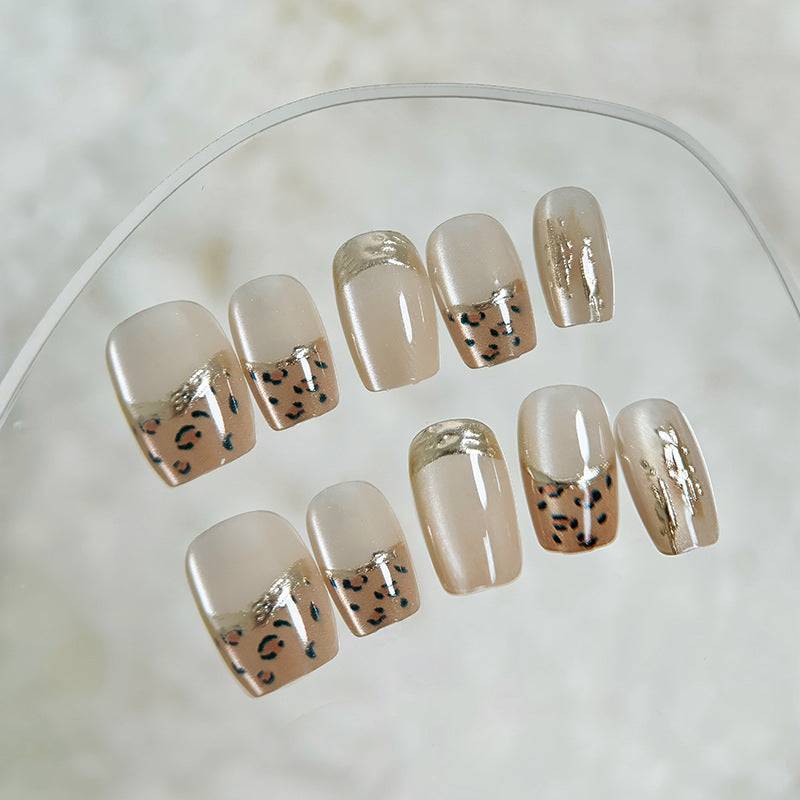 Savannah Chic Elegant Square Press On Long Nail Set in Beige with Leopard Print Design and Gold Accent