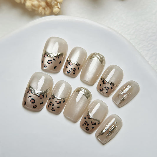 Savannah Chic Long Square Beige Press On Nail Set with Leopard Print and Gold Accent Design