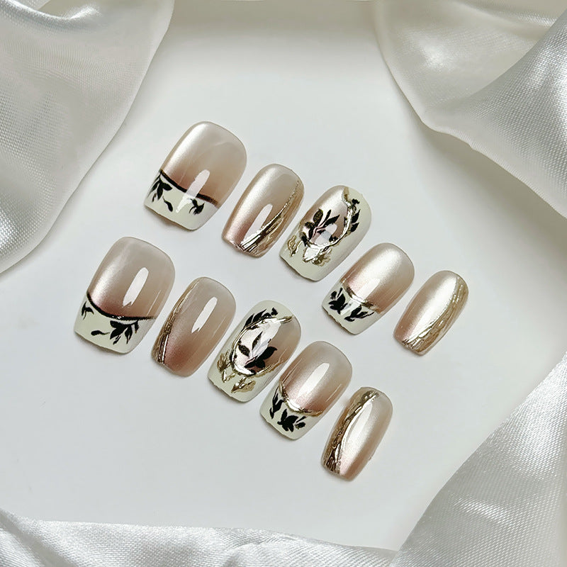 Elegant Floral Serenity Long Square Rose Gold Press On Nail Set with Intricate Botanical Designs