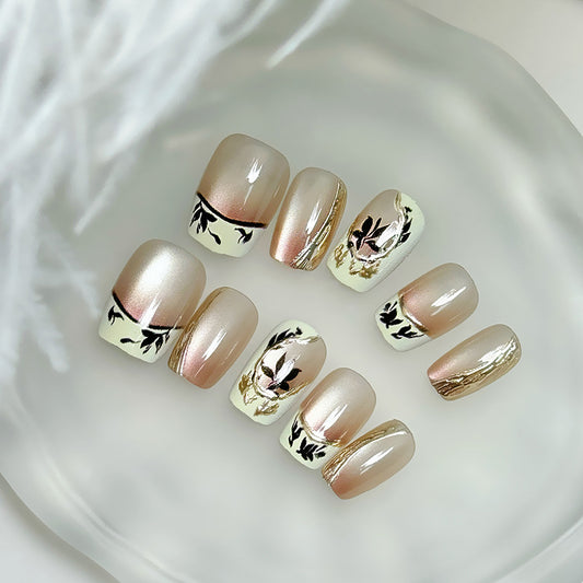 Elegant Blossom Long Square Beige Press On Nail Set with Floral Design and Gold Accents