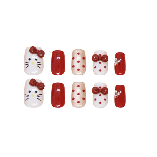 Hello Kitty Glamour Medium Square Red and White Press On Nail Set with Bows and Polka Dots