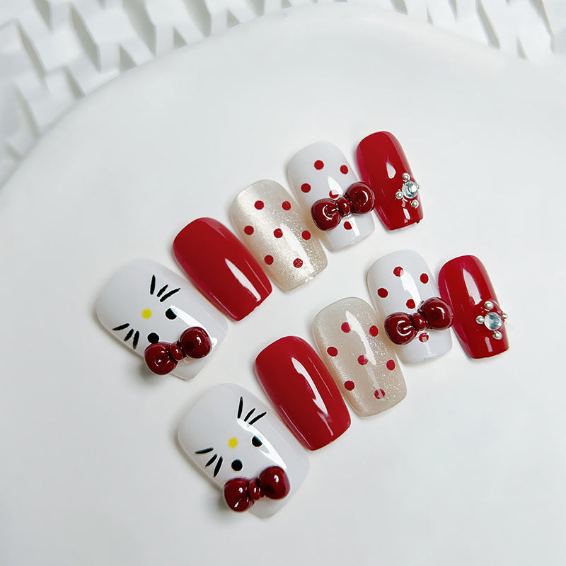 Hello Kitty Inspired Long Square Red and White Press On Nail Set with Charming Bow and Polka Dot Design