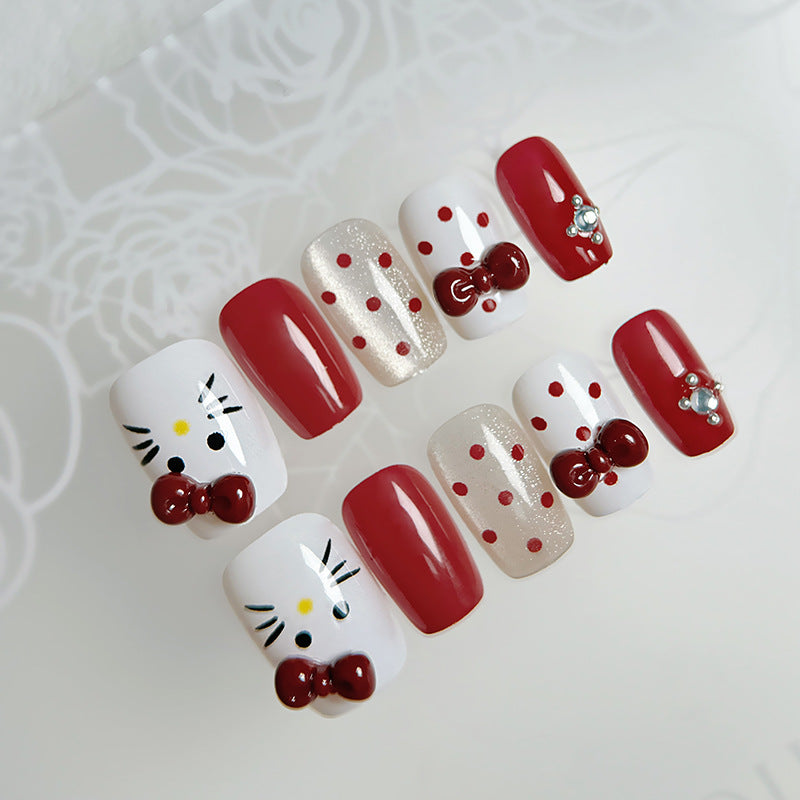 Hello Kitty Inspired Long Square Red and White Press On Nail Set with Bow Details and Dots