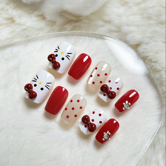 Adorable Kitty-Inspired Red and White Press On Nail Set Long Square Shape with Charming Bow and Polka Dot Designs