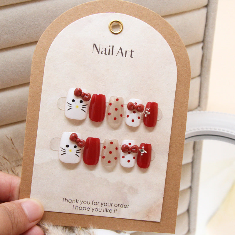 Cute Cat Theme Red and White Square Press On Medium Nail Set with Bow Accents and Polka Dots