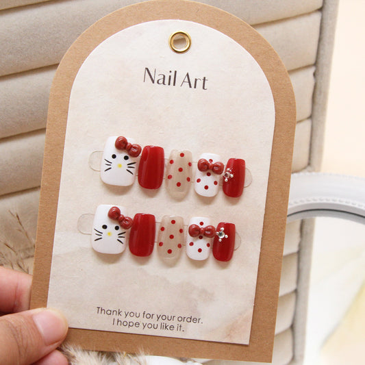 Cute Cat Theme Red and White Square Press On Medium Nail Set with Bow Accents and Polka Dots