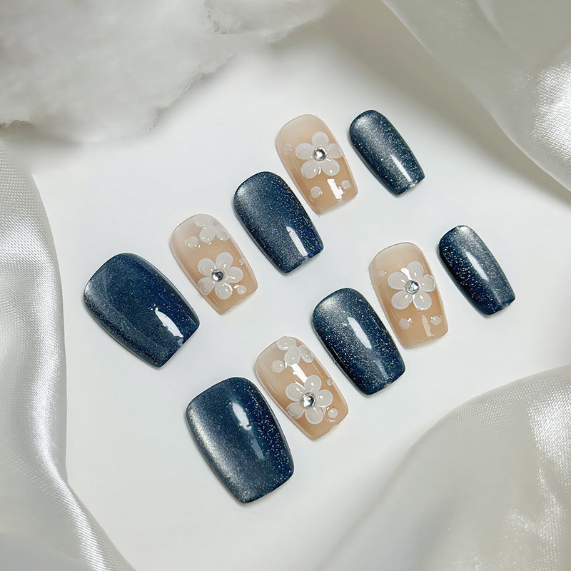 Floral Night Sky Long Square Shape Navy Glitter and Beige Press On Nail Set with 3D Flower Accents