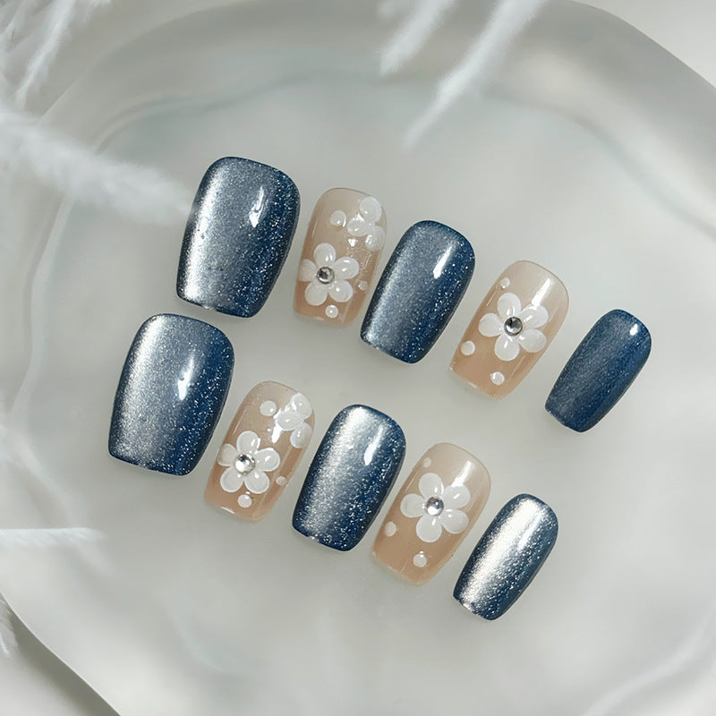 Floral Elegance Long Square Dark Blue and Beige Press On Nail Set with Glitter and Flower Accents